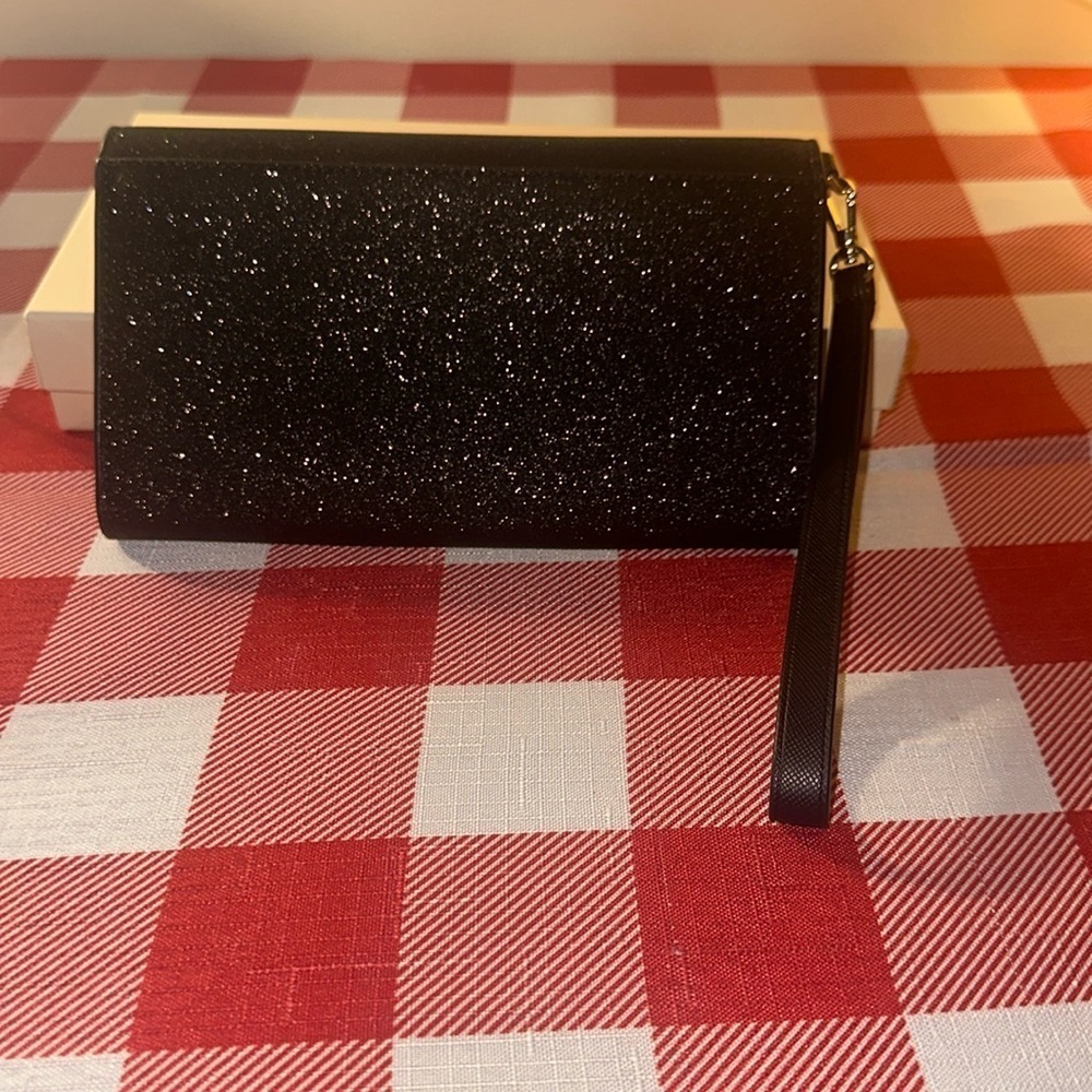 New Kate Spade Glimmer Boxed Medium Flap Phone Wristlet Wallet Black NWOT - Picture 3 of 5